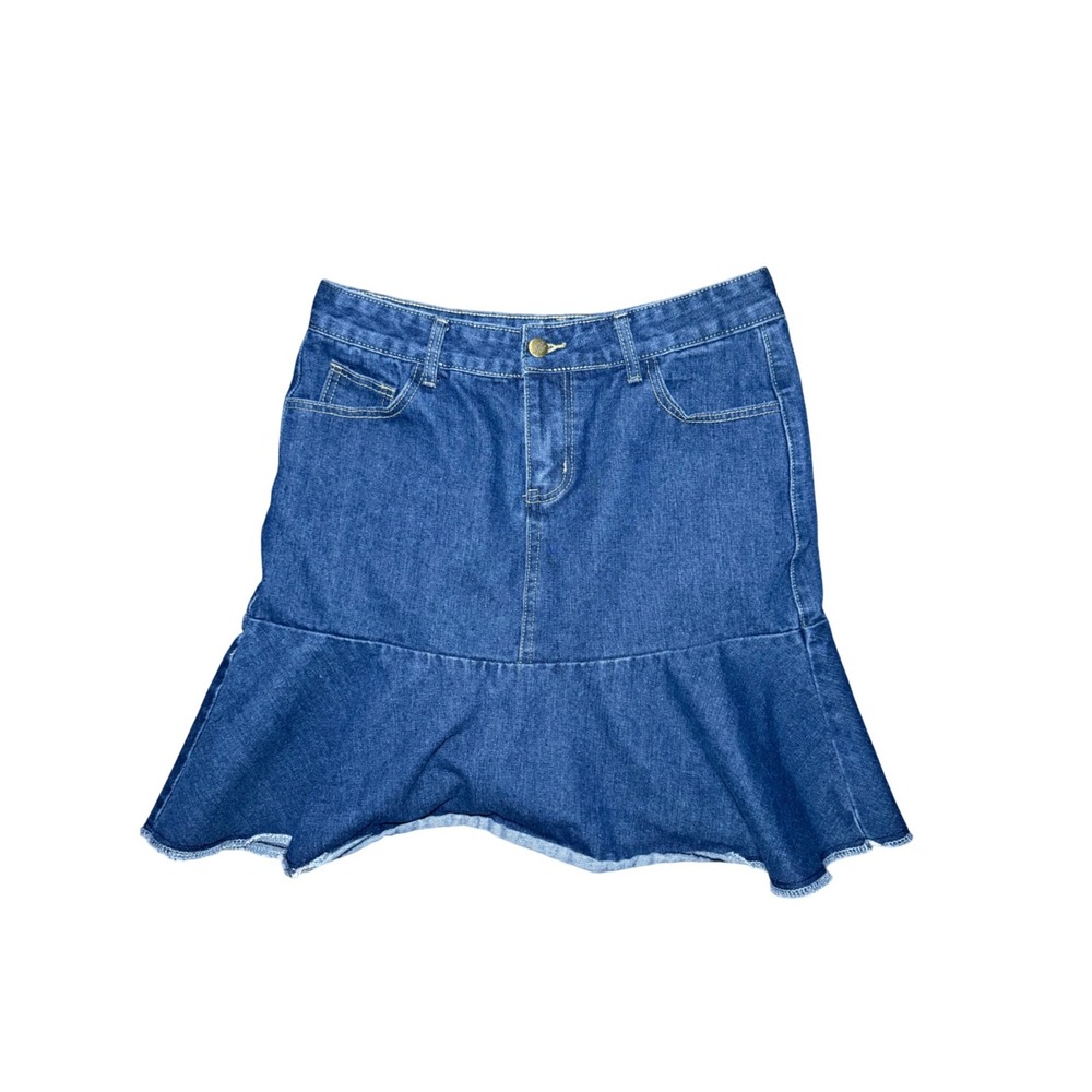 Tanming Blue Denim Skirt Womens Large Ruffle Hem Raw Edge Mini Skirt